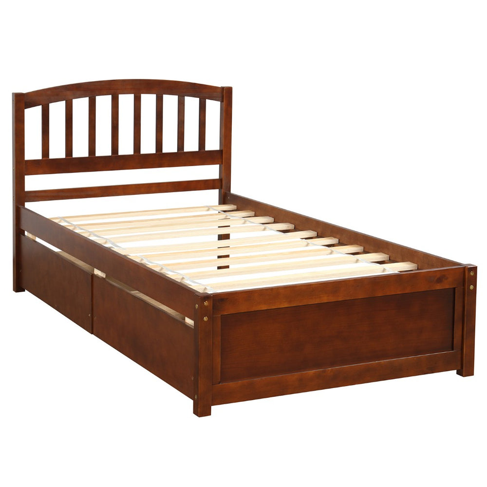 English Elm Twin Walnut Platform Bed Pine Frame Curved Headboard with Under Drawer Storage WF194279AAD