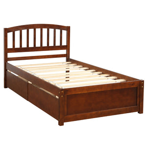 English Elm Twin Walnut Platform Bed Pine Frame Curved Headboard with Under Drawer Storage WF194279AAD