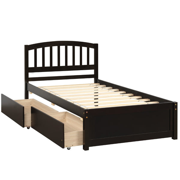 English Elm Twin Walnut Platform Bed Pine Frame Curved Headboard with Under Drawer Storage WF194279AAP