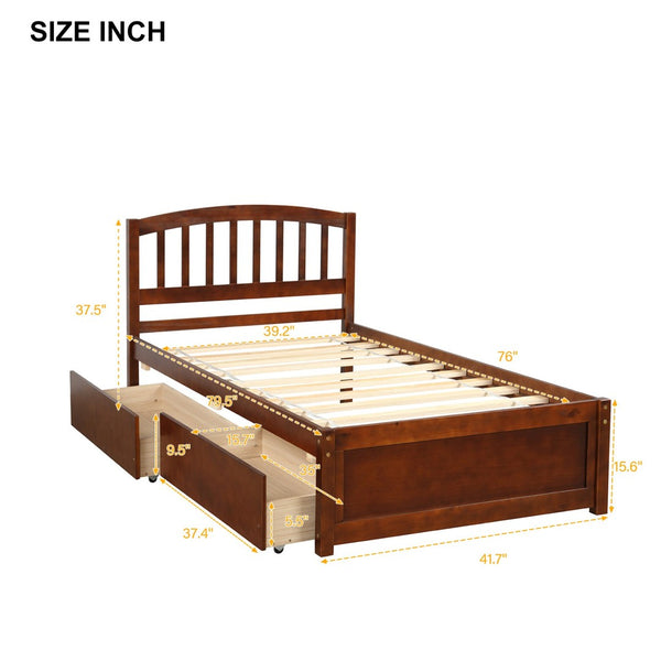 English Elm Twin Walnut Platform Bed Pine Frame Curved Headboard with Under Drawer Storage WF194279AAD
