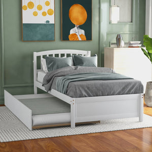 English Elm Twin Solid Pine Platform Bed with Roll Out Trundle Sleek Frame for Kids Guest Rooms WF194302AAK