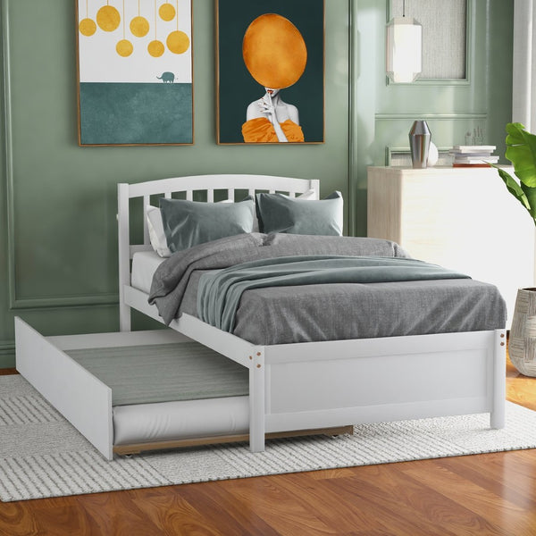 English Elm Twin Solid Pine Platform Bed with Roll Out Trundle Sleek Frame for Kids Guest Rooms WF194302AAK