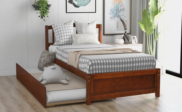 English Elm Twin Solid Pine Platform Bed with Roll Out Trundle Sleek Frame for Kids Guest Rooms WF194302AAD
