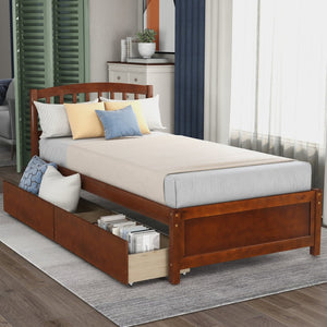 English Elm Twin Walnut Platform Bed Pine Frame Curved Headboard with Under Drawer Storage WF194279AAD