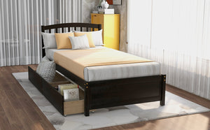 English Elm Twin Walnut Platform Bed Pine Frame Curved Headboard with Under Drawer Storage WF194279AAP