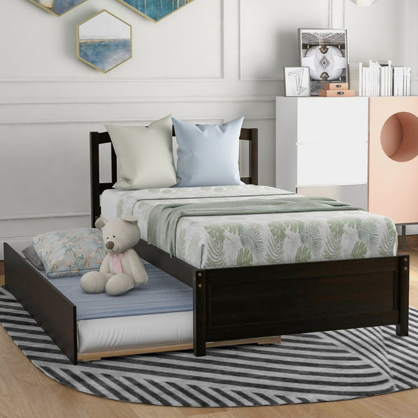 English Elm Twin Solid Pine Platform Bed with Roll Out Trundle Sleek Frame for Kids Guest Rooms WF194302AAP