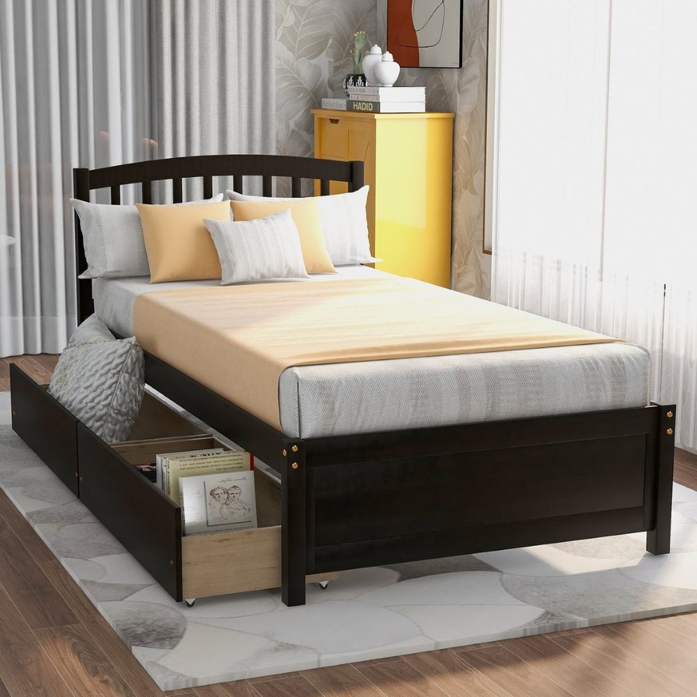 English Elm Twin Walnut Platform Bed Pine Frame Curved Headboard with Under Drawer Storage WF194279AAP