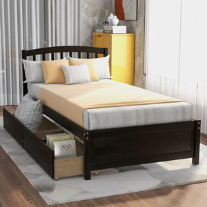 English Elm Twin Walnut Platform Bed Pine Frame Curved Headboard with Under Drawer Storage WF194279AAP