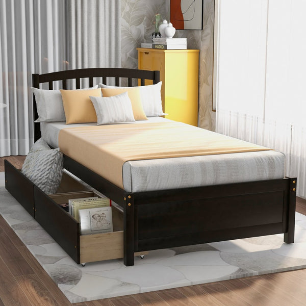 English Elm Twin Walnut Platform Bed Pine Frame Curved Headboard with Under Drawer Storage WF194279AAP