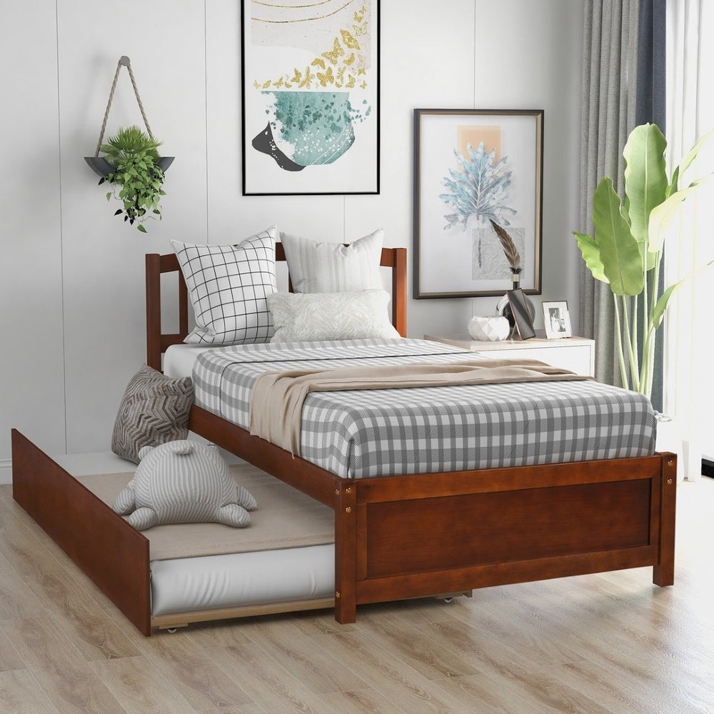 English Elm Twin Solid Pine Platform Bed with Roll Out Trundle Sleek Frame for Kids Guest Rooms WF194302AAD