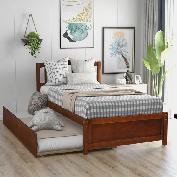 English Elm Twin Solid Pine Platform Bed with Roll Out Trundle Sleek Frame for Kids Guest Rooms WF194302AAD