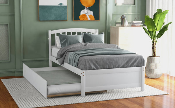 English Elm Twin Solid Pine Platform Bed with Roll Out Trundle Sleek Frame for Kids Guest Rooms WF194302AAK