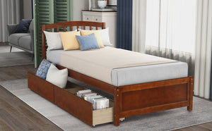 English Elm Twin Walnut Platform Bed Pine Frame Curved Headboard with Under Drawer Storage WF194279AAD
