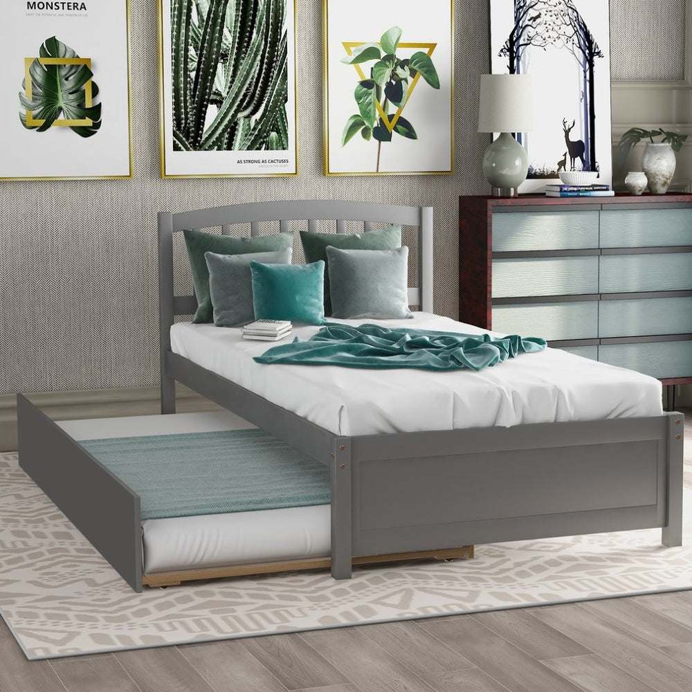 English Elm Twin Solid Pine Platform Bed with Roll Out Trundle Sleek Frame for Kids Guest Rooms WF194302AAE