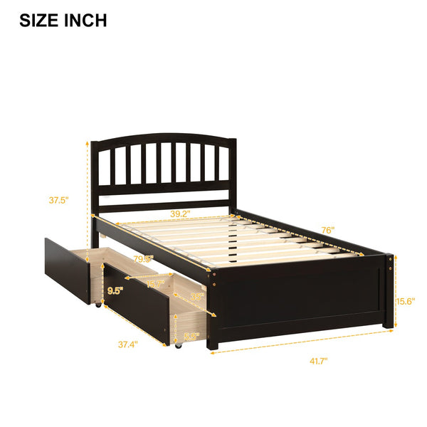 English Elm Twin Walnut Platform Bed Pine Frame Curved Headboard with Under Drawer Storage WF194279AAP