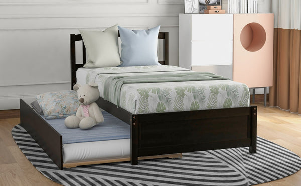 English Elm Twin Solid Pine Platform Bed with Roll Out Trundle Sleek Frame for Kids Guest Rooms WF194302AAP
