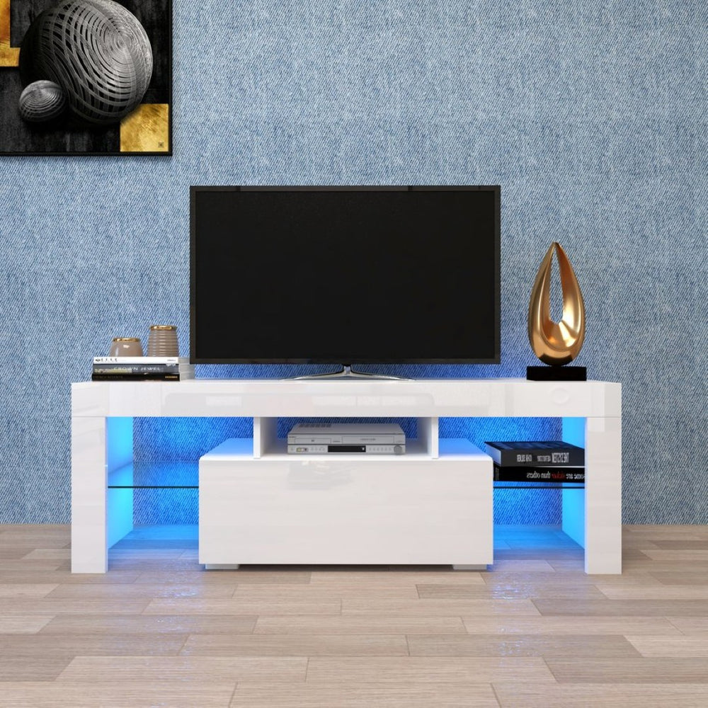English Elm Entertainment Tv Stand with Led Ambient Lighting White Cabinet for Living Room W33115869