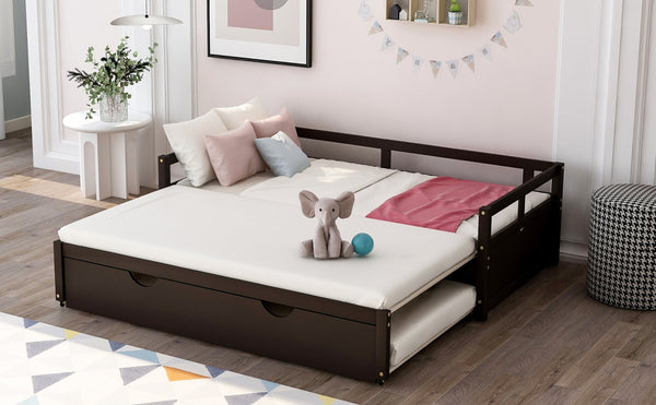 English Elm Extending Wood Daybed with Pull Out Trundle Twin to King Espresso Guest Room Bed WF194887AAP