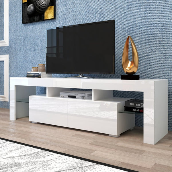 English Elm Modern Led Media Console with Remote Lighting Mdf Glass Top Living Room Storage W33131188
