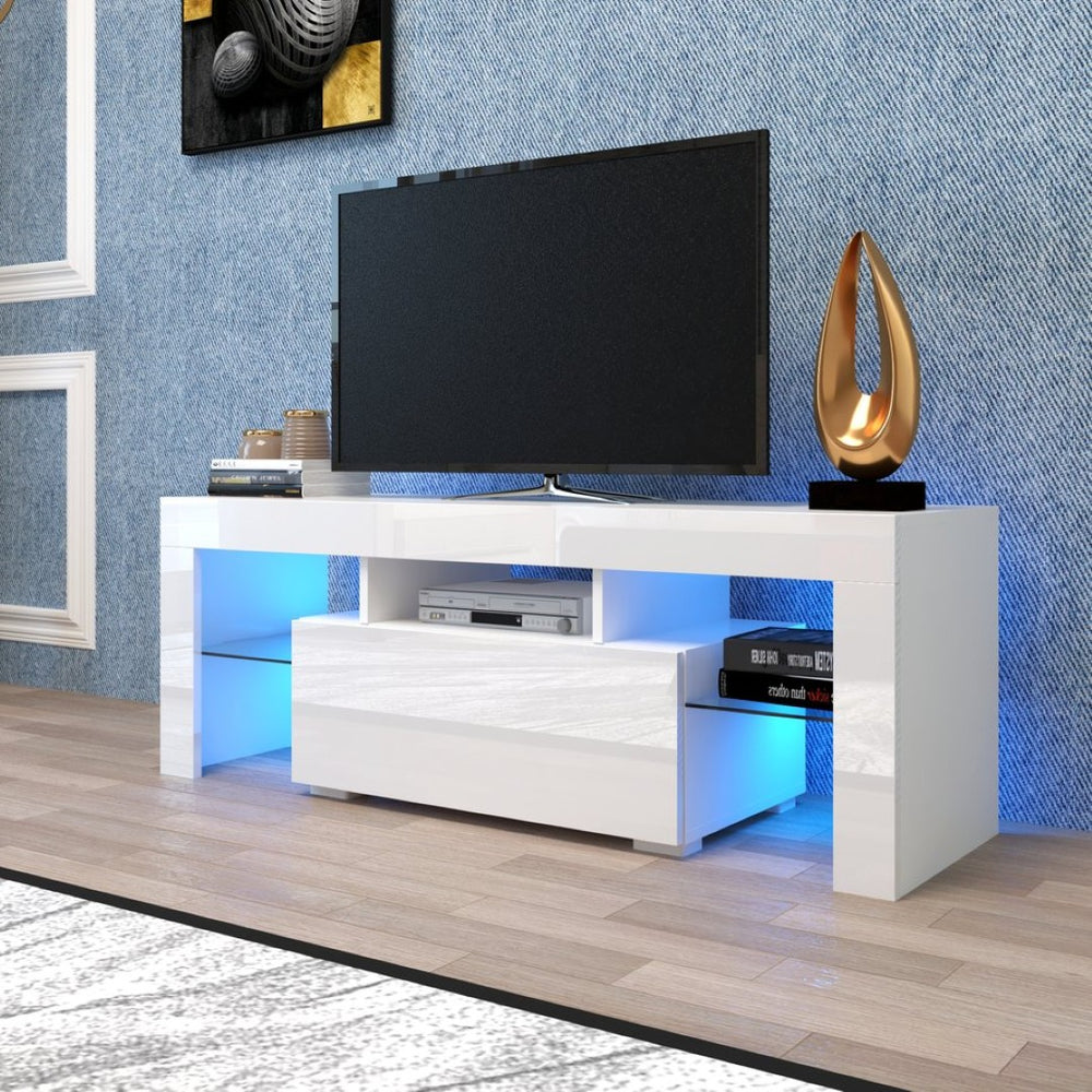English Elm Entertainment Tv Stand with Led Ambient Lighting White Cabinet for Living Room W33115869