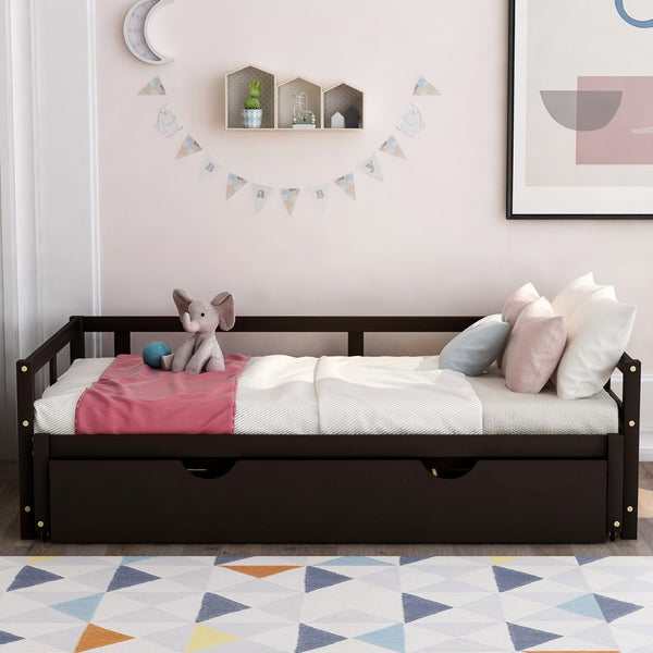 English Elm Extending Wood Daybed with Pull Out Trundle Twin to King Espresso Guest Room Bed WF194887AAP