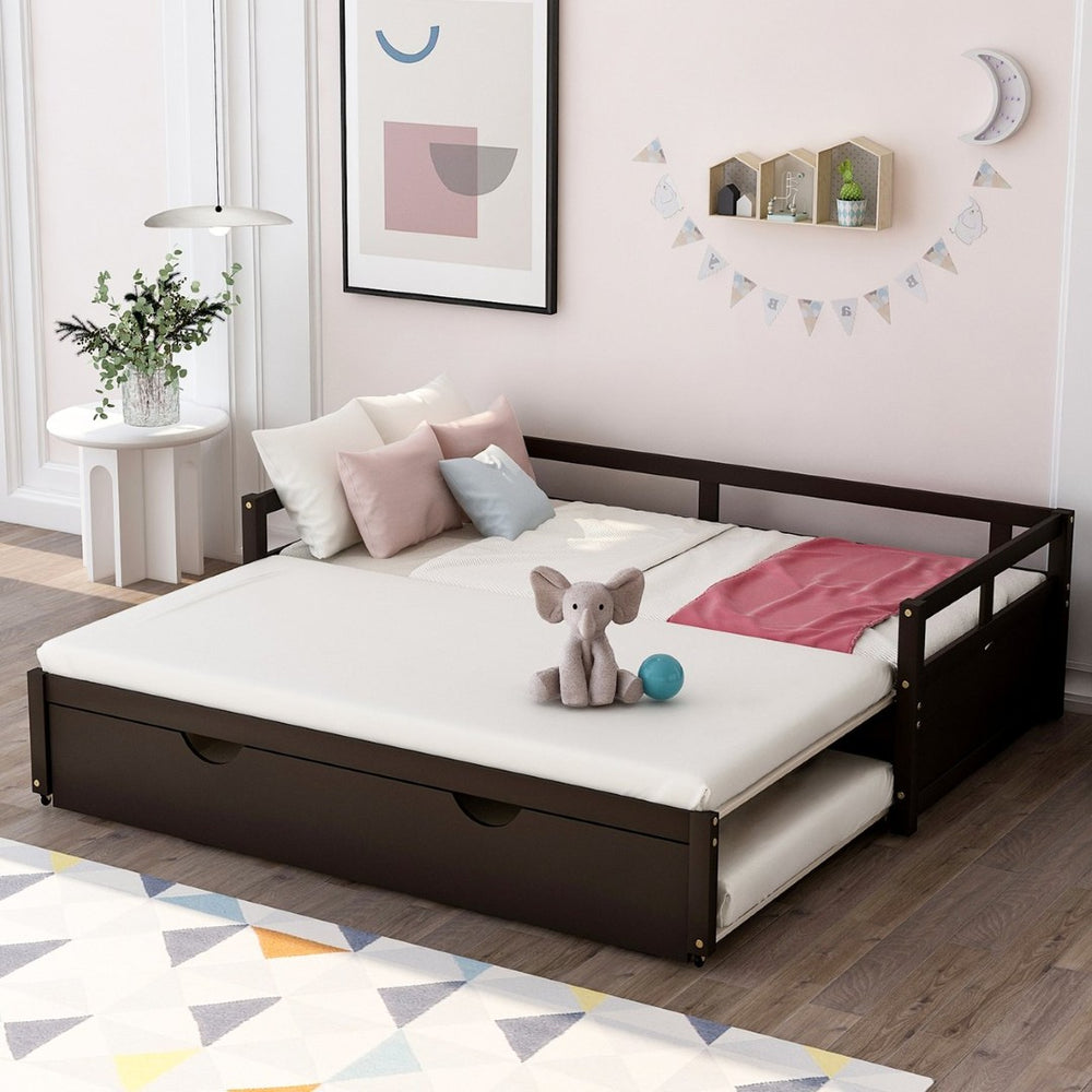 English Elm Extending Wood Daybed with Pull Out Trundle Twin to King Espresso Guest Room Bed WF194887AAP