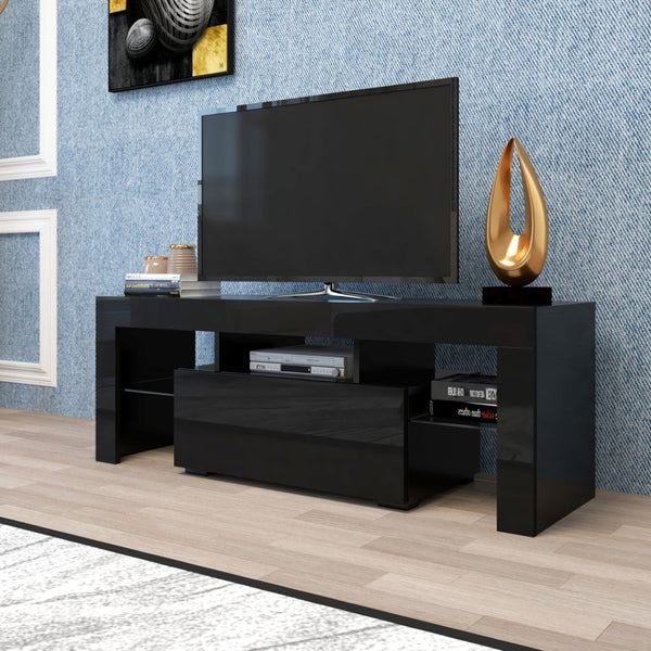 English Elm Black Media Console with Rgb Led Lighting Low Profile Gaming Living Room Stand W33115870