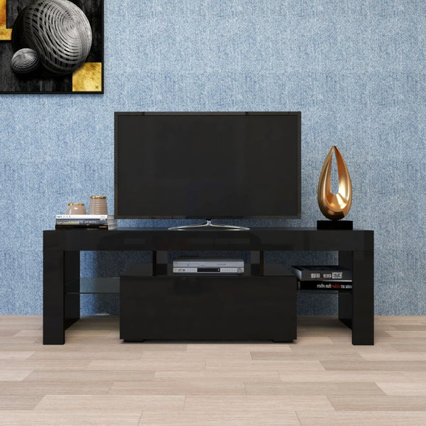 English Elm Black Media Console with Rgb Led Lighting Low Profile Gaming Living Room Stand W33115870