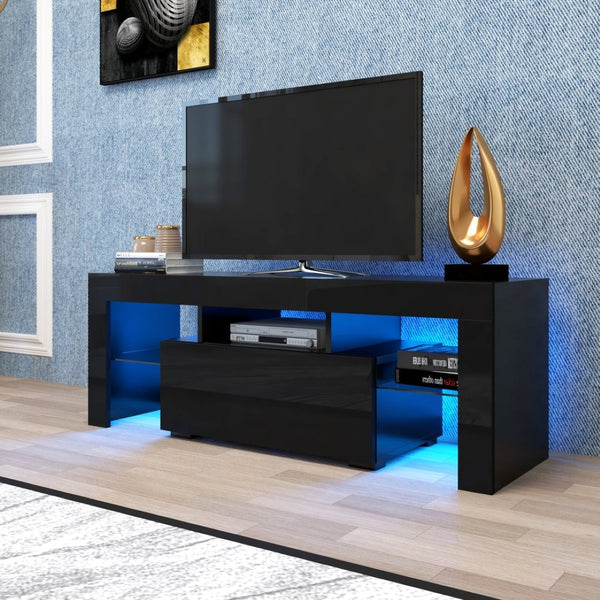 English Elm Black Media Console with Rgb Led Lighting Low Profile Gaming Living Room Stand W33115870