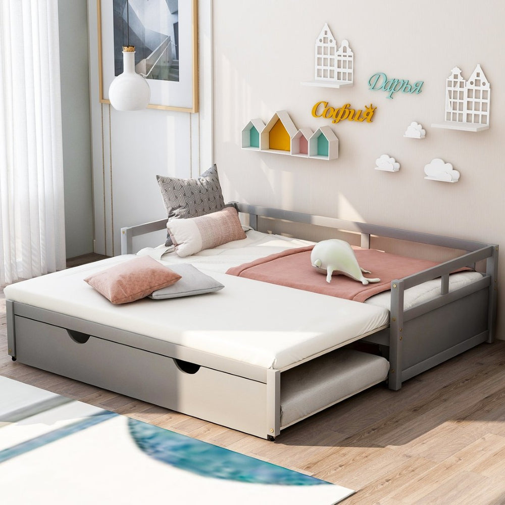 English Elm Extending Wood Daybed with Pull Out Trundle Twin to King Espresso Guest Room Bed WF194887AAE
