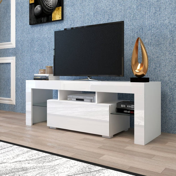 English Elm Entertainment Tv Stand with Led Ambient Lighting White Cabinet for Living Room W33115869