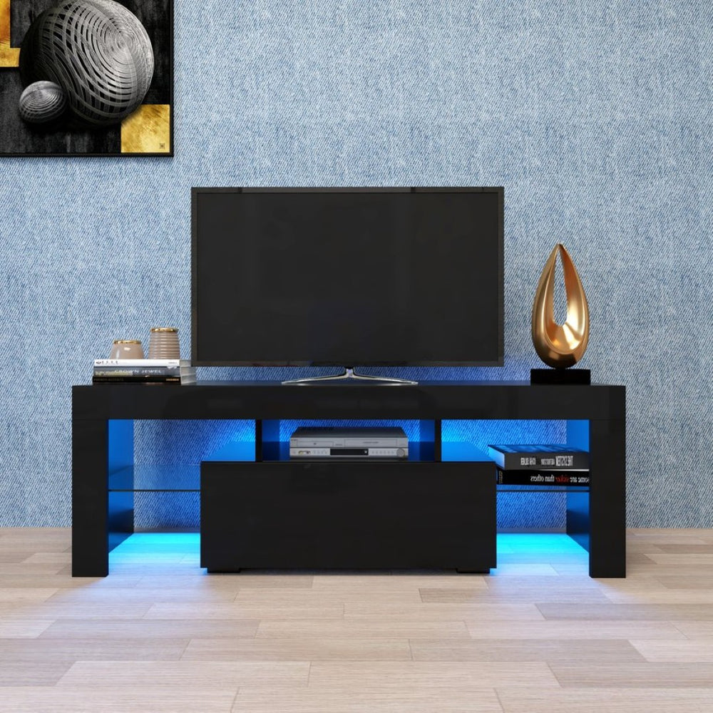 English Elm Black Media Console with Rgb Led Lighting Low Profile Gaming Living Room Stand W33115870