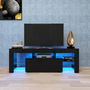English Elm Black Media Console with Rgb Led Lighting Low Profile Gaming Living Room Stand W33115870