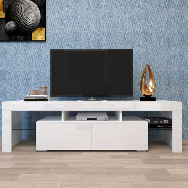 English Elm Modern Led Media Console with Remote Lighting Mdf Glass Top Living Room Storage W33131188