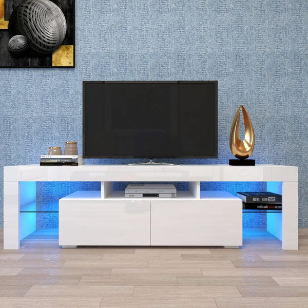 English Elm Modern Led Media Console with Remote Lighting Mdf Glass Top Living Room Storage W33131188