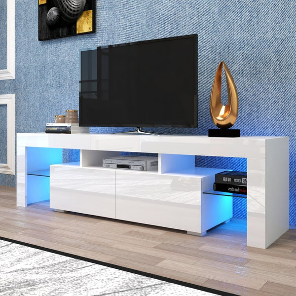 English Elm Modern Led Media Console with Remote Lighting Mdf Glass Top Living Room Storage W33131188