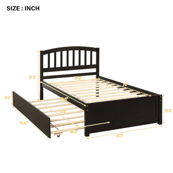 English Elm Twin Solid Pine Platform Bed with Roll Out Trundle Sleek Frame for Kids Guest Rooms WF194302AAP