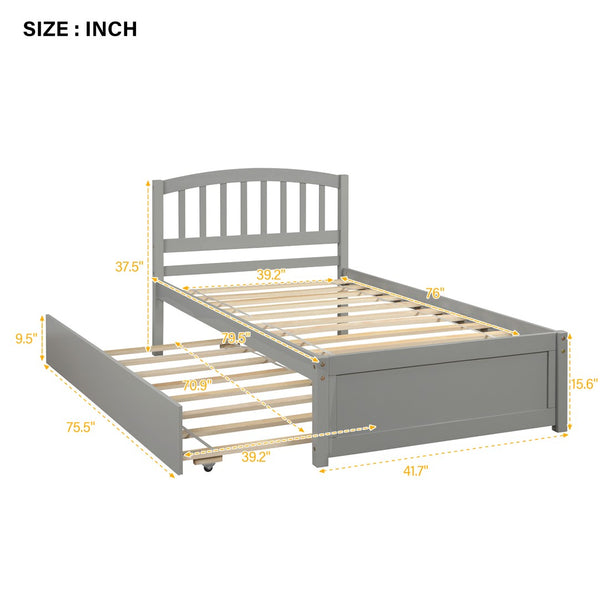 English Elm Twin Solid Pine Platform Bed with Roll Out Trundle Sleek Frame for Kids Guest Rooms WF194302AAE