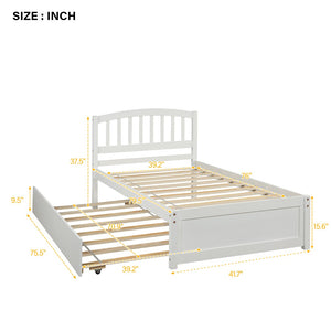 English Elm Twin Solid Pine Platform Bed with Roll Out Trundle Sleek Frame for Kids Guest Rooms WF194302AAK