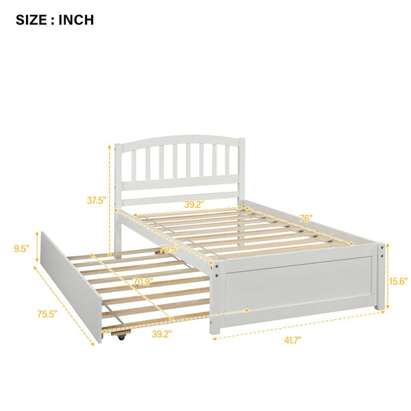 English Elm Twin Solid Pine Platform Bed with Roll Out Trundle Sleek Frame for Kids Guest Rooms WF194302AAK