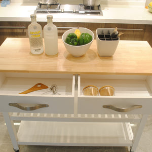 English Elm Kitchen Island Cart Rolling Trolley with Rubber Wood Top, Two Drawers, Towel Rack & Lockable Wheels White W42049336