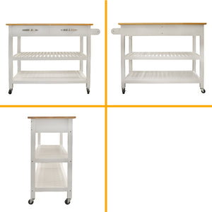 English Elm Kitchen Island Cart Rolling Trolley with Rubber Wood Top, Two Drawers, Towel Rack & Lockable Wheels White W42049336