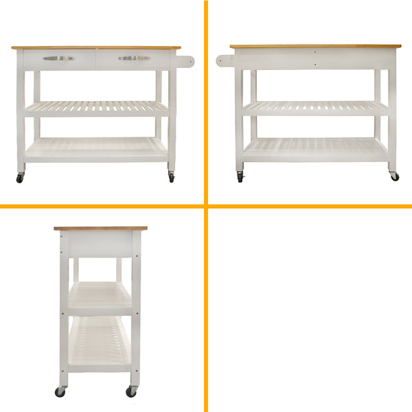 English Elm Kitchen Island Cart Rolling Trolley with Rubber Wood Top, Two Drawers, Towel Rack & Lockable Wheels White W42049336