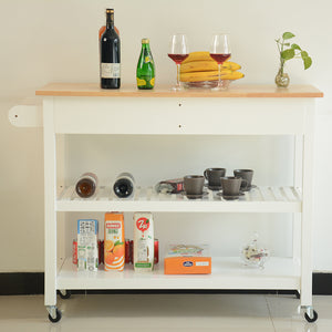 English Elm Kitchen Island Cart Rolling Trolley with Rubber Wood Top, Two Drawers, Towel Rack & Lockable Wheels White W42049336