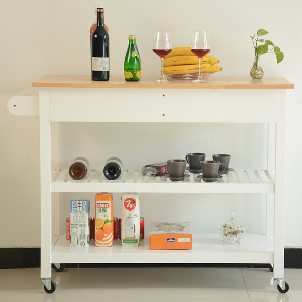 English Elm Kitchen Island Cart Rolling Trolley with Rubber Wood Top, Two Drawers, Towel Rack & Lockable Wheels White W42049336