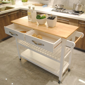 English Elm Kitchen Island Cart Rolling Trolley with Rubber Wood Top, Two Drawers, Towel Rack & Lockable Wheels White W42049336