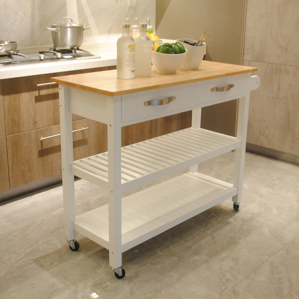 English Elm Kitchen Island Cart Rolling Trolley with Rubber Wood Top, Two Drawers, Towel Rack & Lockable Wheels White W42049336