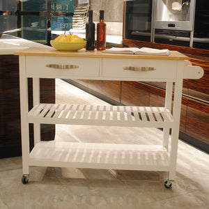 English Elm Kitchen Island Cart Rolling Trolley with Rubber Wood Top, Two Drawers, Towel Rack & Lockable Wheels White W42049336