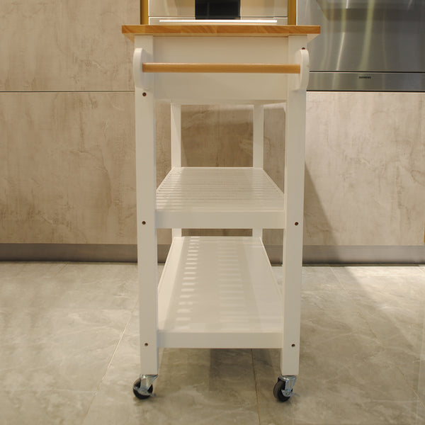 English Elm Kitchen Island Cart Rolling Trolley with Rubber Wood Top, Two Drawers, Towel Rack & Lockable Wheels White W42049336