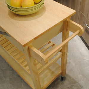 English Elm Kitchen Island Cart Rolling Trolley with Rubber Wood Top, Two Drawers, Towel Rack & Lockable Wheels Natural W42049334